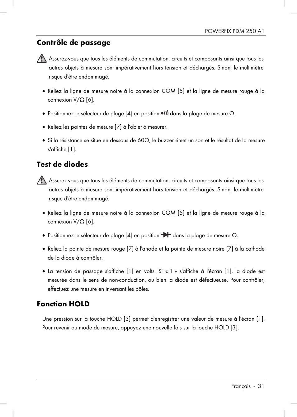 Contrôle de passage, Test de diodes, Fonction hold | Powerfix PDM 250 A1 User Manual | Page 33 / 90