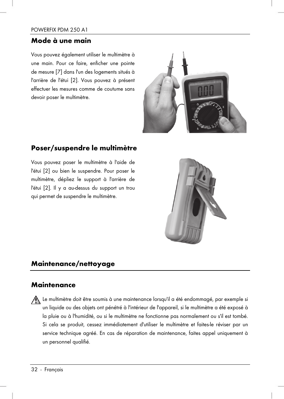 Mode à une main, Poser/suspendre le multimètre, Maintenance/nettoyage maintenance | Powerfix PDM 250 A1 User Manual | Page 34 / 90