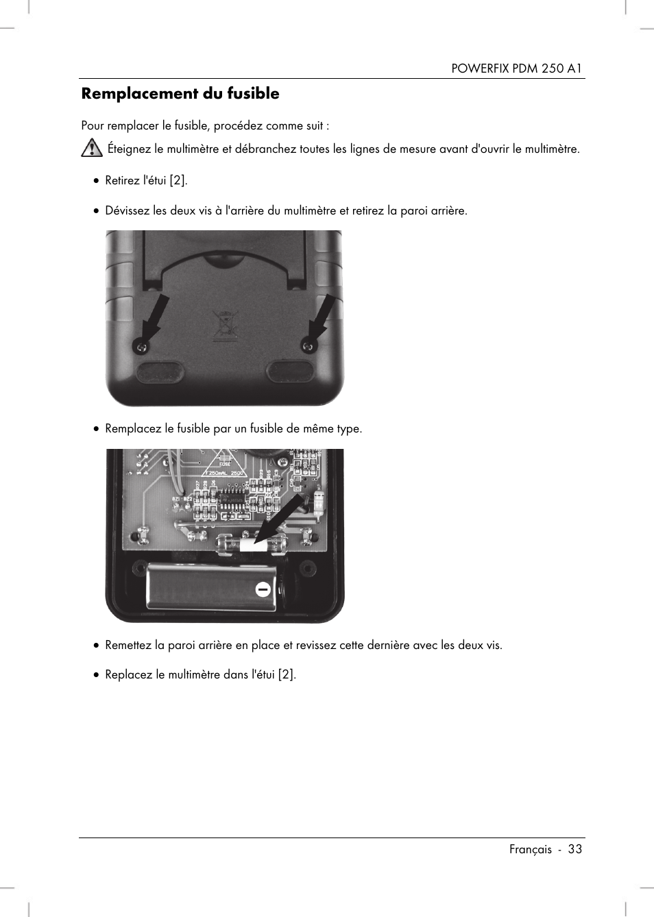 Remplacement du fusible | Powerfix PDM 250 A1 User Manual | Page 35 / 90