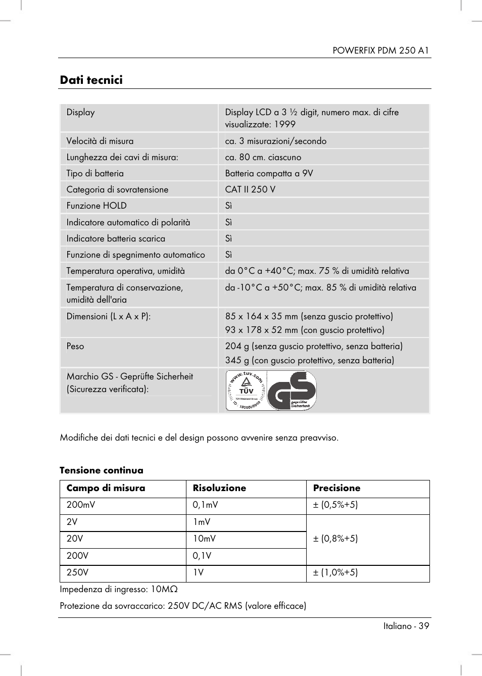 Dati tecnici | Powerfix PDM 250 A1 User Manual | Page 41 / 90