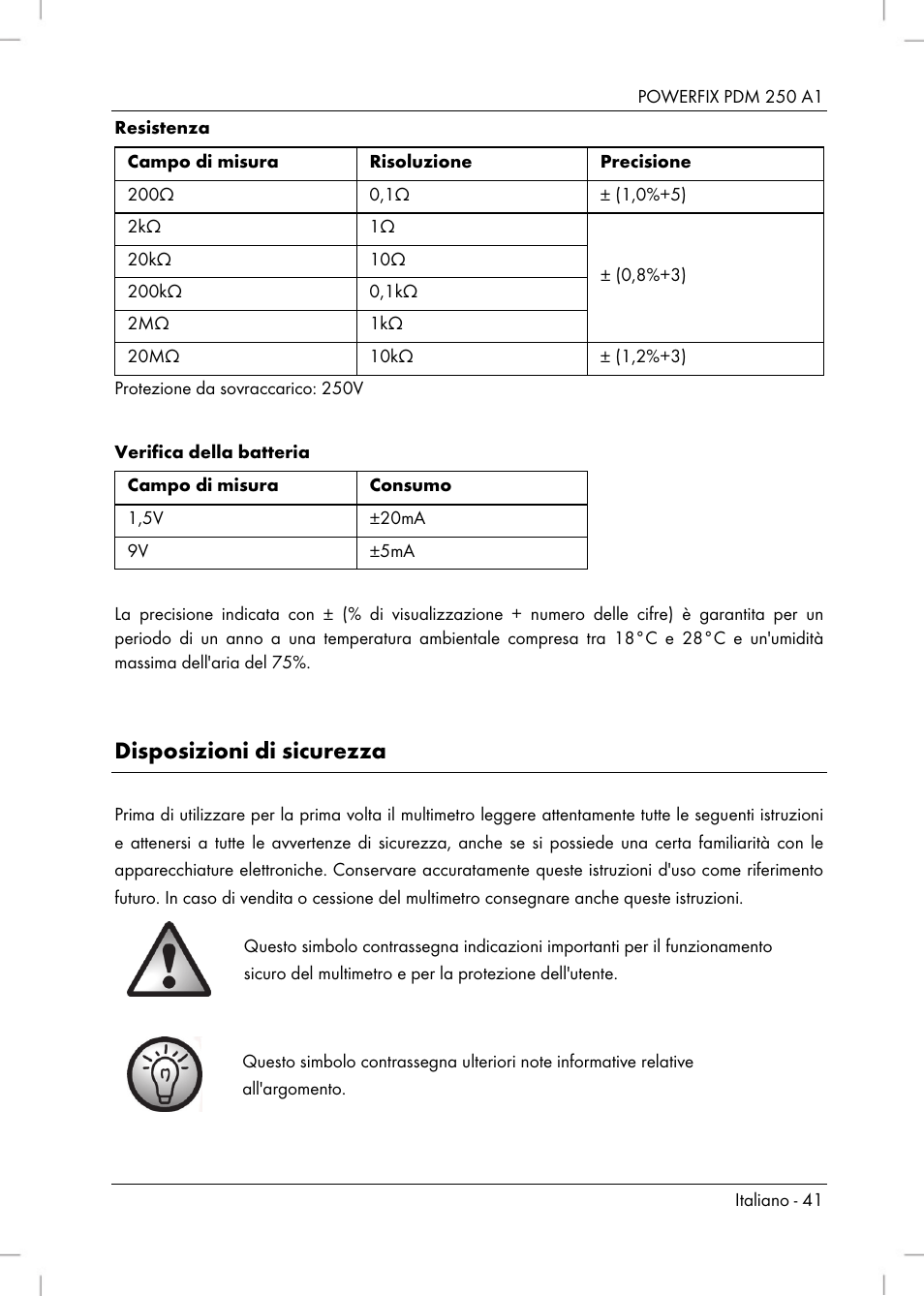 Disposizioni di sicurezza | Powerfix PDM 250 A1 User Manual | Page 43 / 90