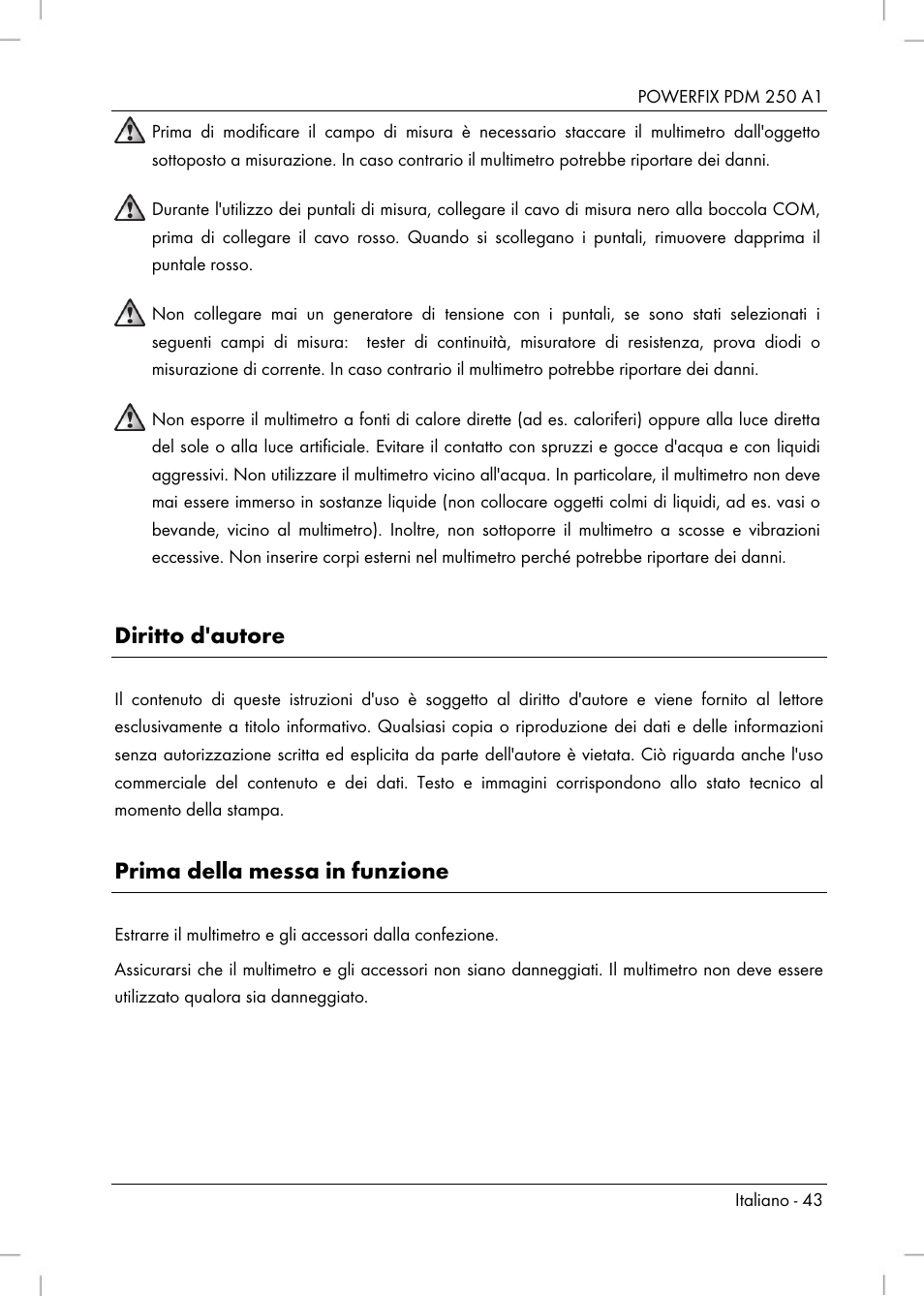 Diritto d'autore, Prima della messa in funzione | Powerfix PDM 250 A1 User Manual | Page 45 / 90