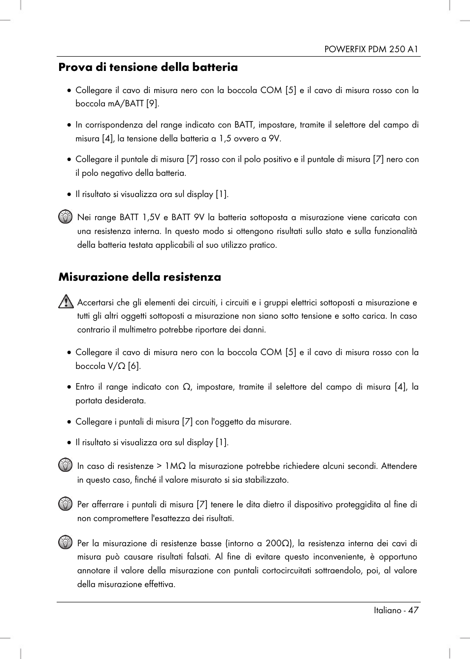 Prova di tensione della batteria, Misurazione della resistenza | Powerfix PDM 250 A1 User Manual | Page 49 / 90