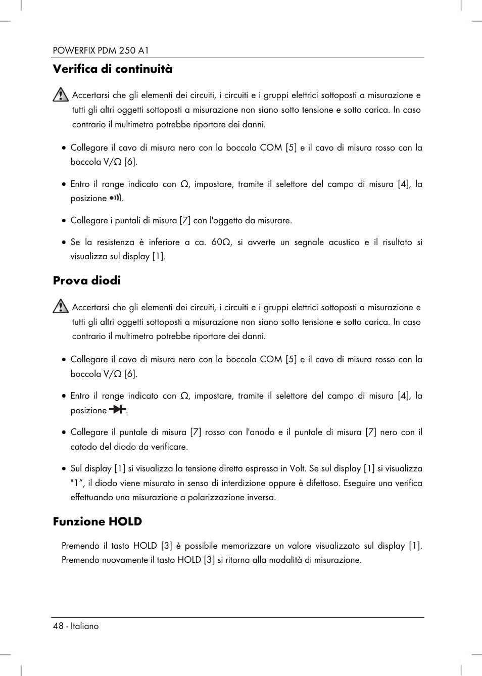 Verifica di continuità, Prova diodi, Funzione hold | Powerfix PDM 250 A1 User Manual | Page 50 / 90