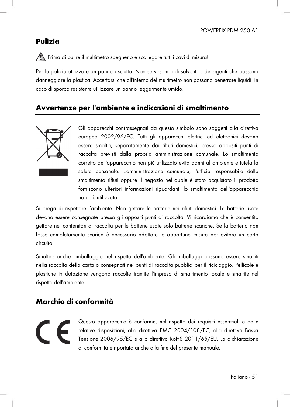 Pulizia, Marchio di conformità | Powerfix PDM 250 A1 User Manual | Page 53 / 90