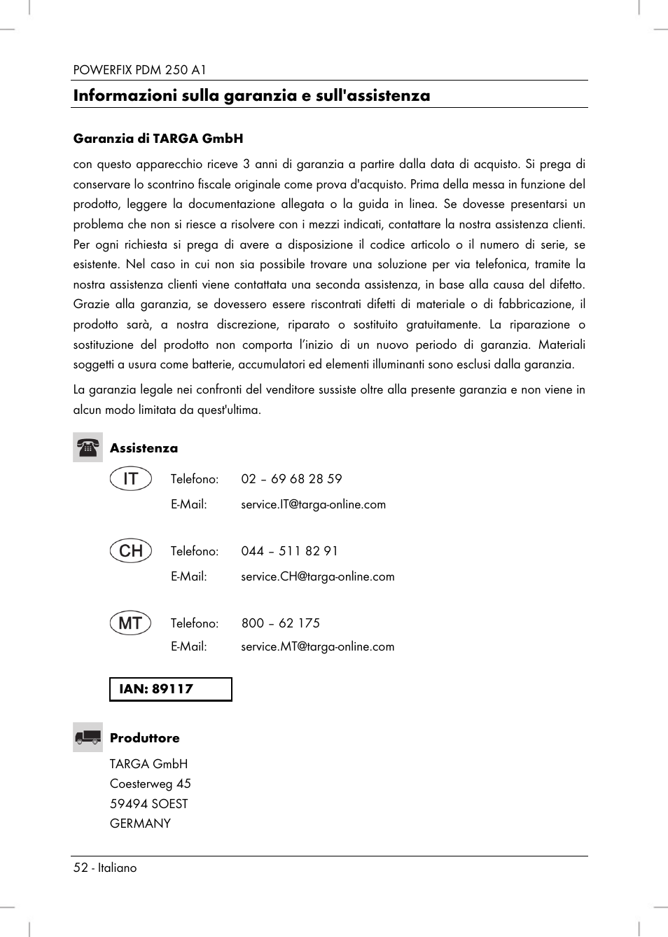 Informazioni sulla garanzia e sull'assistenza | Powerfix PDM 250 A1 User Manual | Page 54 / 90