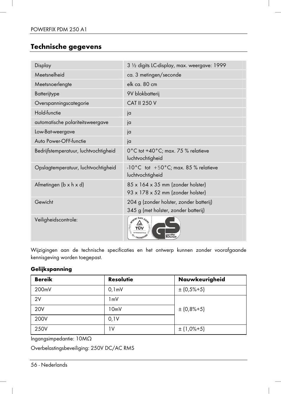 Technische gegevens | Powerfix PDM 250 A1 User Manual | Page 58 / 90