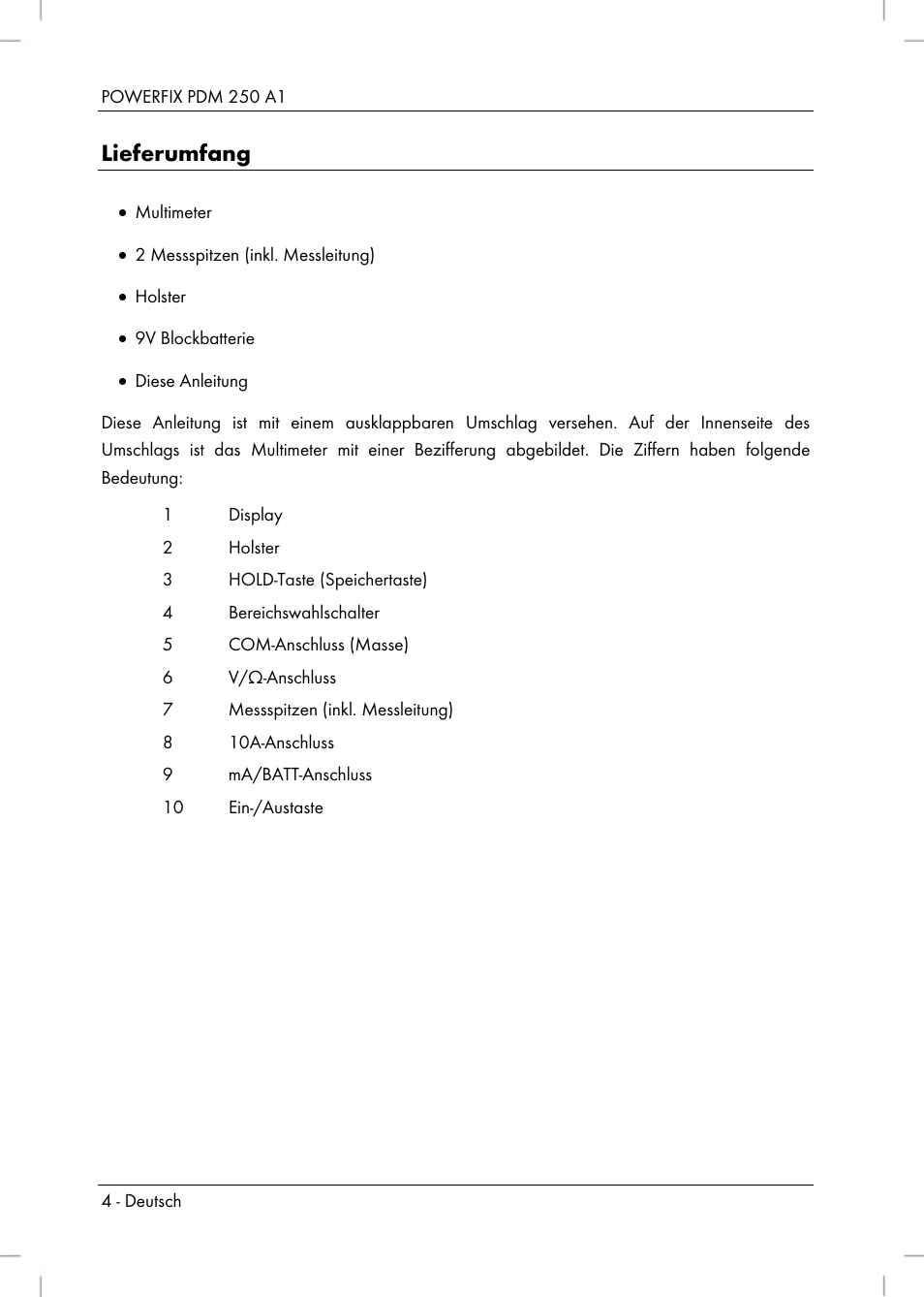 Lieferumfang | Powerfix PDM 250 A1 User Manual | Page 6 / 90