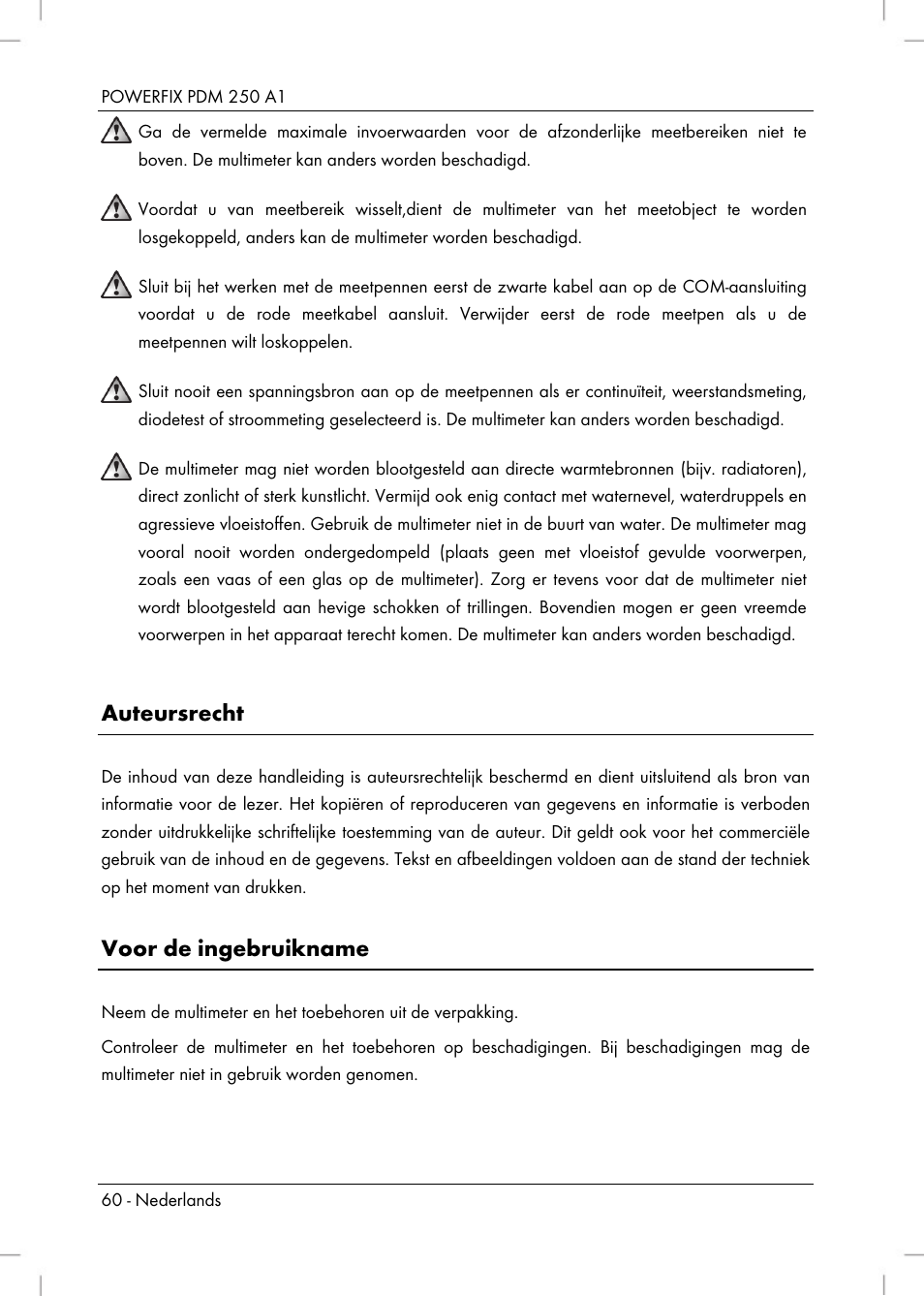Auteursrecht, Voor de ingebruikname | Powerfix PDM 250 A1 User Manual | Page 62 / 90
