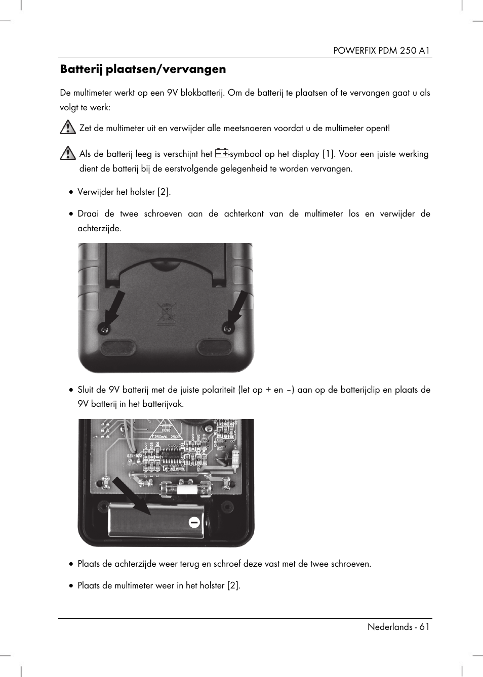 Batterij plaatsen/vervangen | Powerfix PDM 250 A1 User Manual | Page 63 / 90
