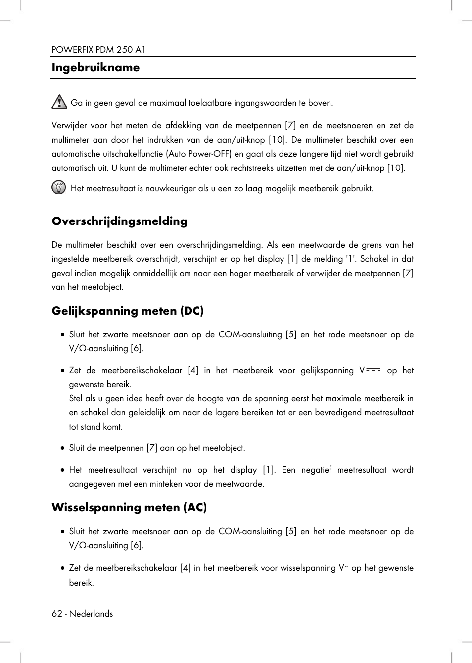Ingebruikname, Overschrijdingsmelding, Gelijkspanning meten (dc) | Wisselspanning meten (ac) | Powerfix PDM 250 A1 User Manual | Page 64 / 90