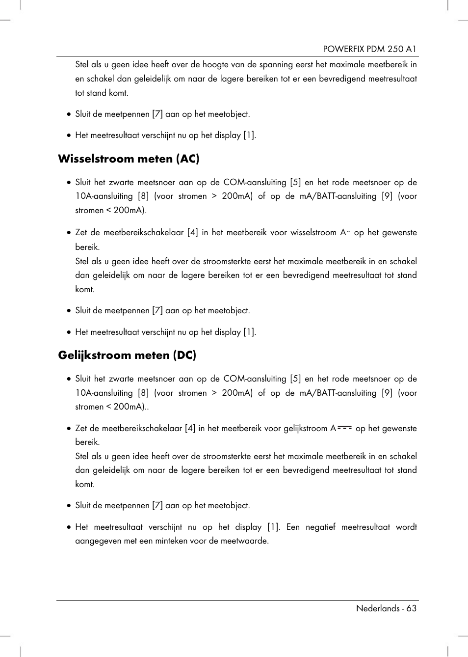 Wisselstroom meten (ac), Gelijkstroom meten (dc) | Powerfix PDM 250 A1 User Manual | Page 65 / 90
