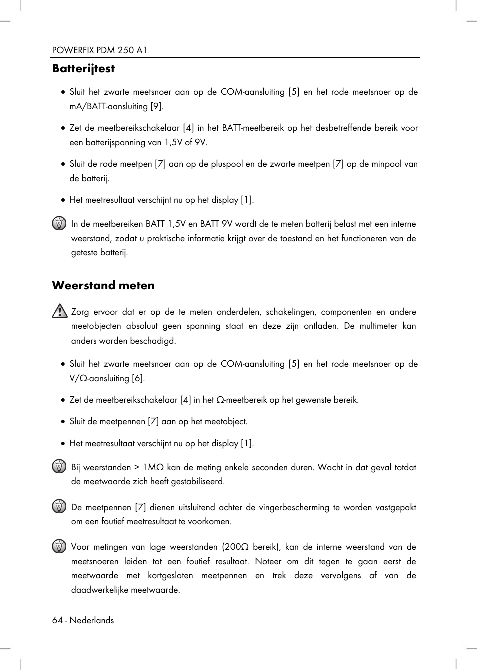 Batterijtest, Weerstand meten | Powerfix PDM 250 A1 User Manual | Page 66 / 90