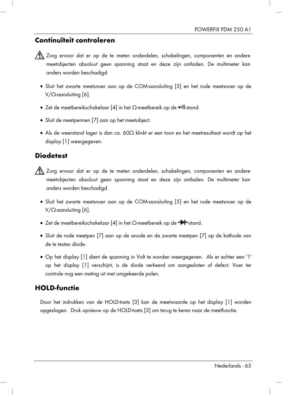 Continuïteit controleren, Diodetest, Hold-functie | Powerfix PDM 250 A1 User Manual | Page 67 / 90