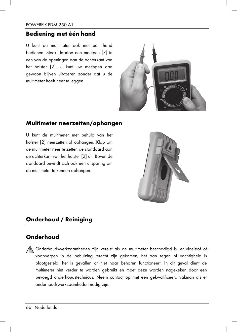 Bediening met één hand, Multimeter neerzetten/ophangen, Onderhoud / reiniging onderhoud | Powerfix PDM 250 A1 User Manual | Page 68 / 90