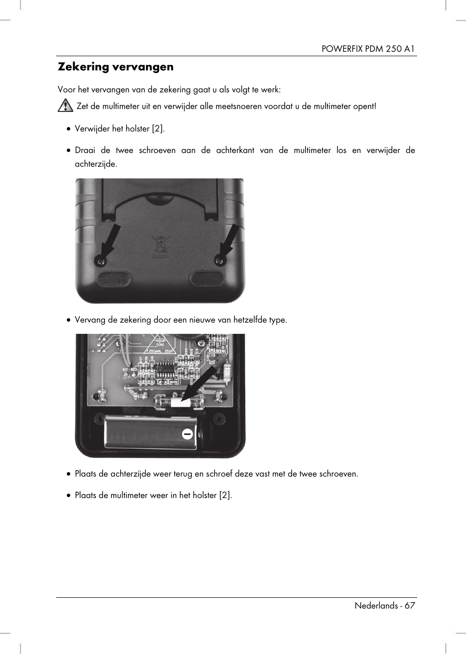 Zekering vervangen | Powerfix PDM 250 A1 User Manual | Page 69 / 90
