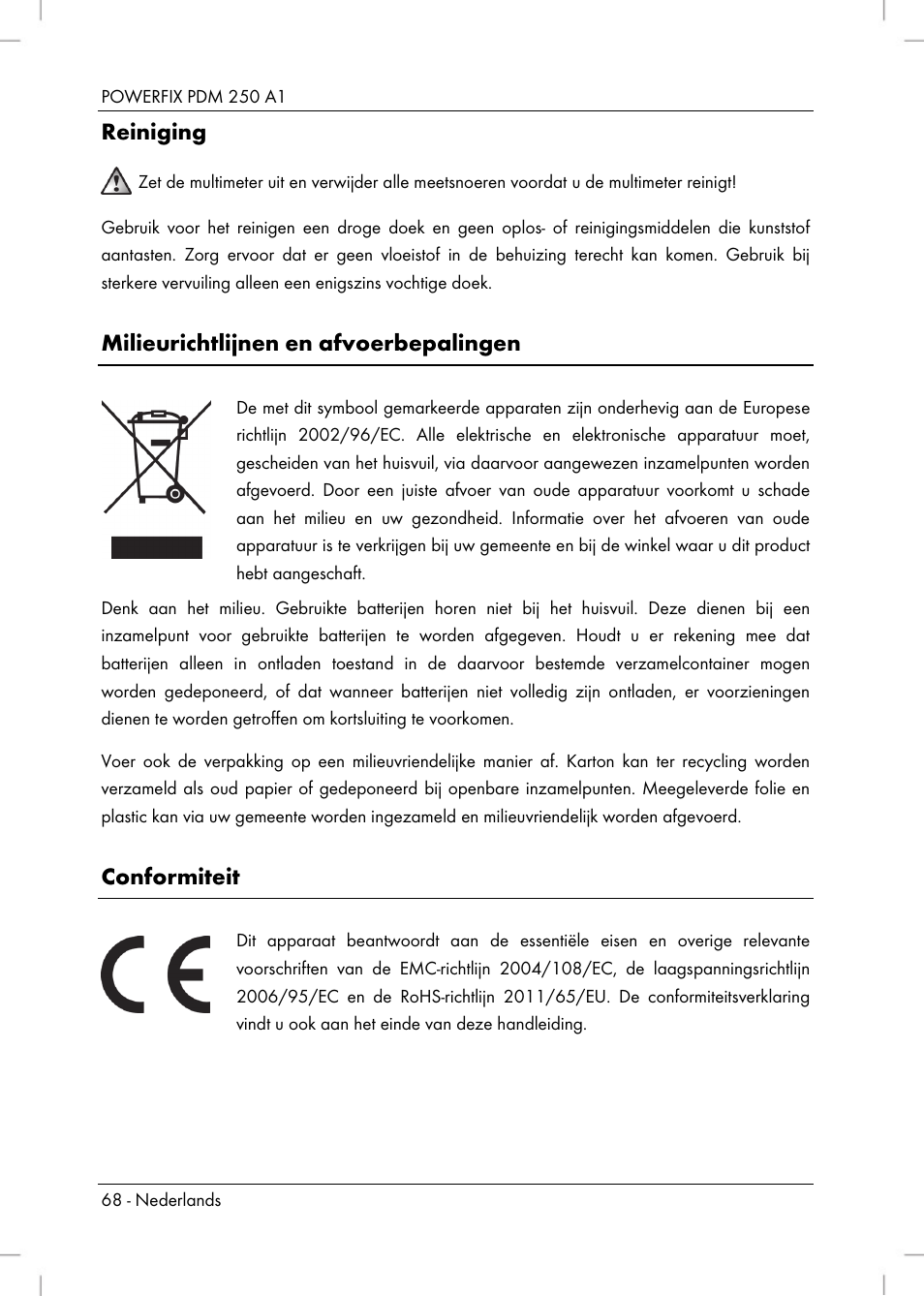 Reiniging, Milieurichtlijnen en afvoerbepalingen, Conformiteit | Powerfix PDM 250 A1 User Manual | Page 70 / 90