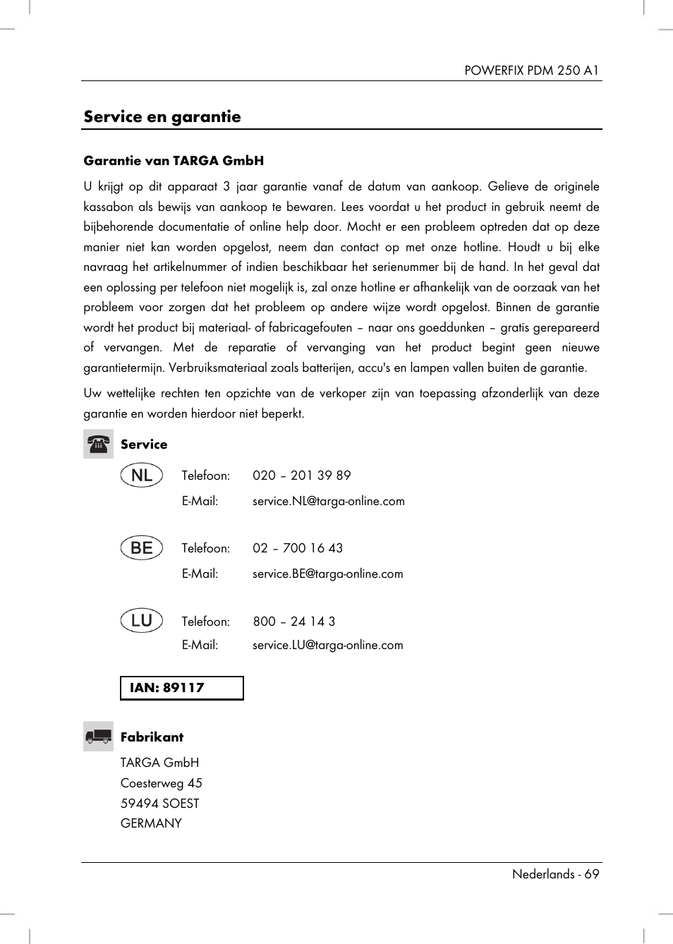 Service en garantie | Powerfix PDM 250 A1 User Manual | Page 71 / 90