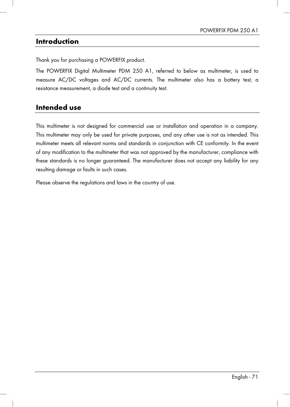 Introduction, Intended use | Powerfix PDM 250 A1 User Manual | Page 73 / 90