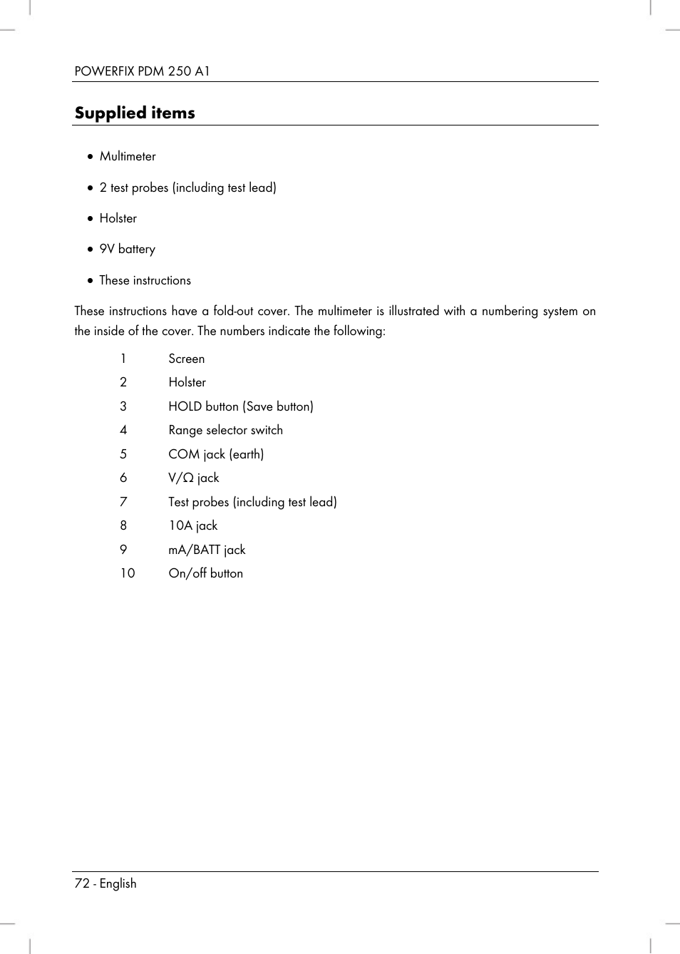 Supplied items | Powerfix PDM 250 A1 User Manual | Page 74 / 90