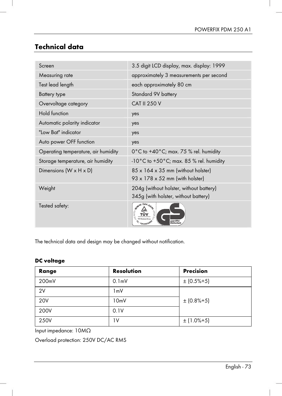 Technical data | Powerfix PDM 250 A1 User Manual | Page 75 / 90