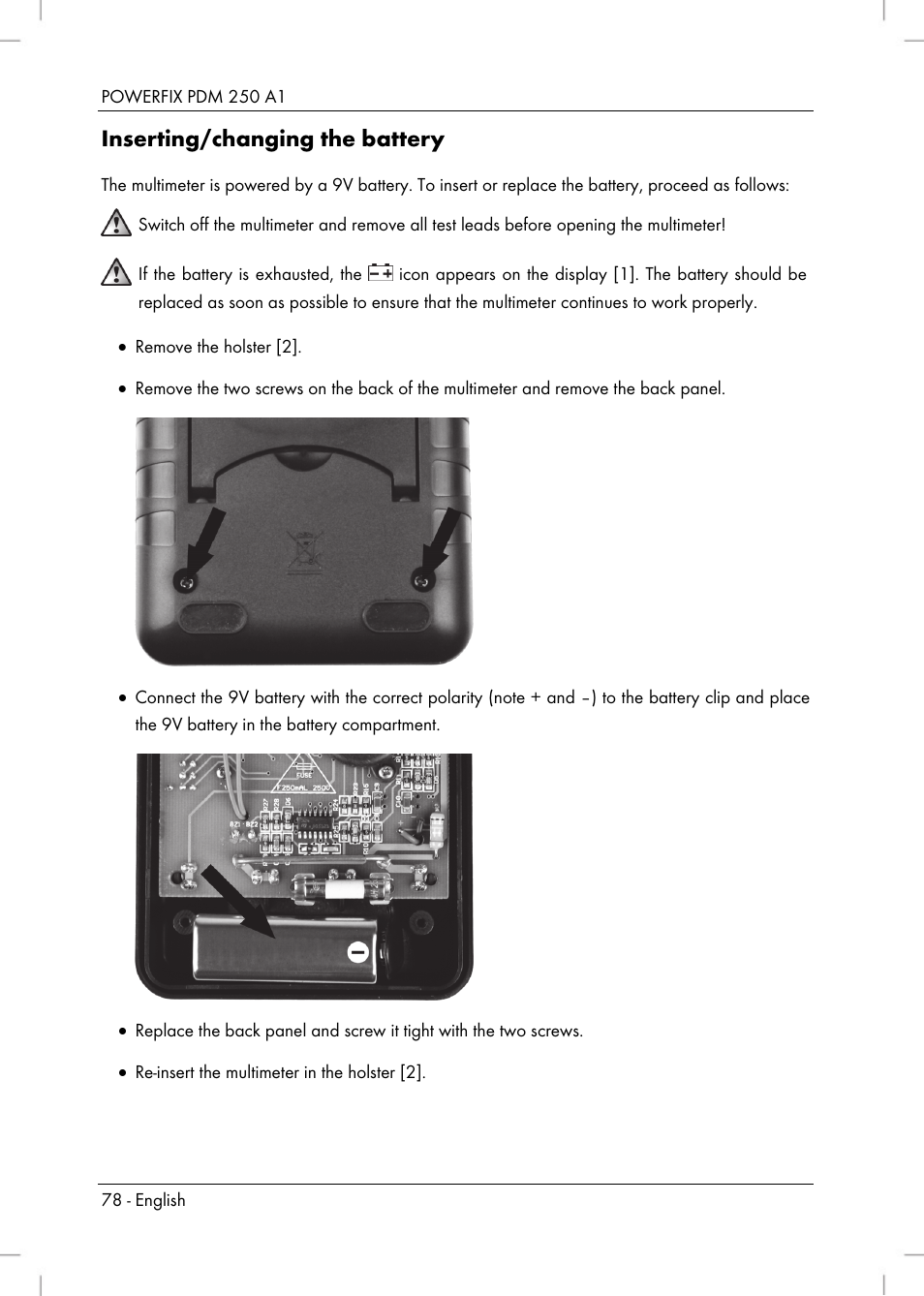 Inserting/changing the battery | Powerfix PDM 250 A1 User Manual | Page 80 / 90