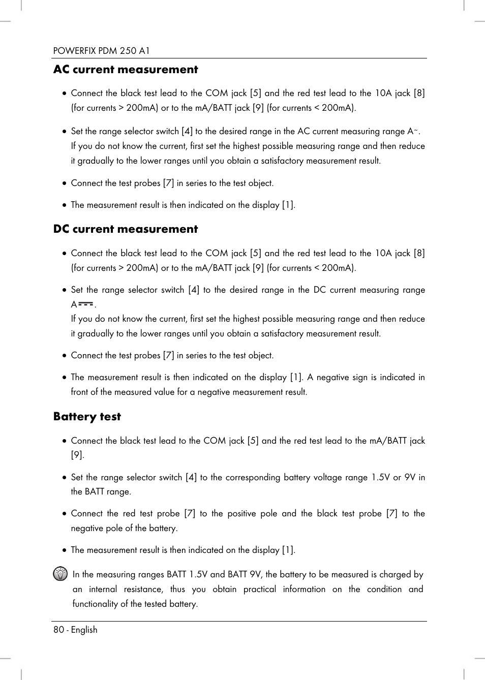 Ac current measurement, Dc current measurement, Battery test | Powerfix PDM 250 A1 User Manual | Page 82 / 90