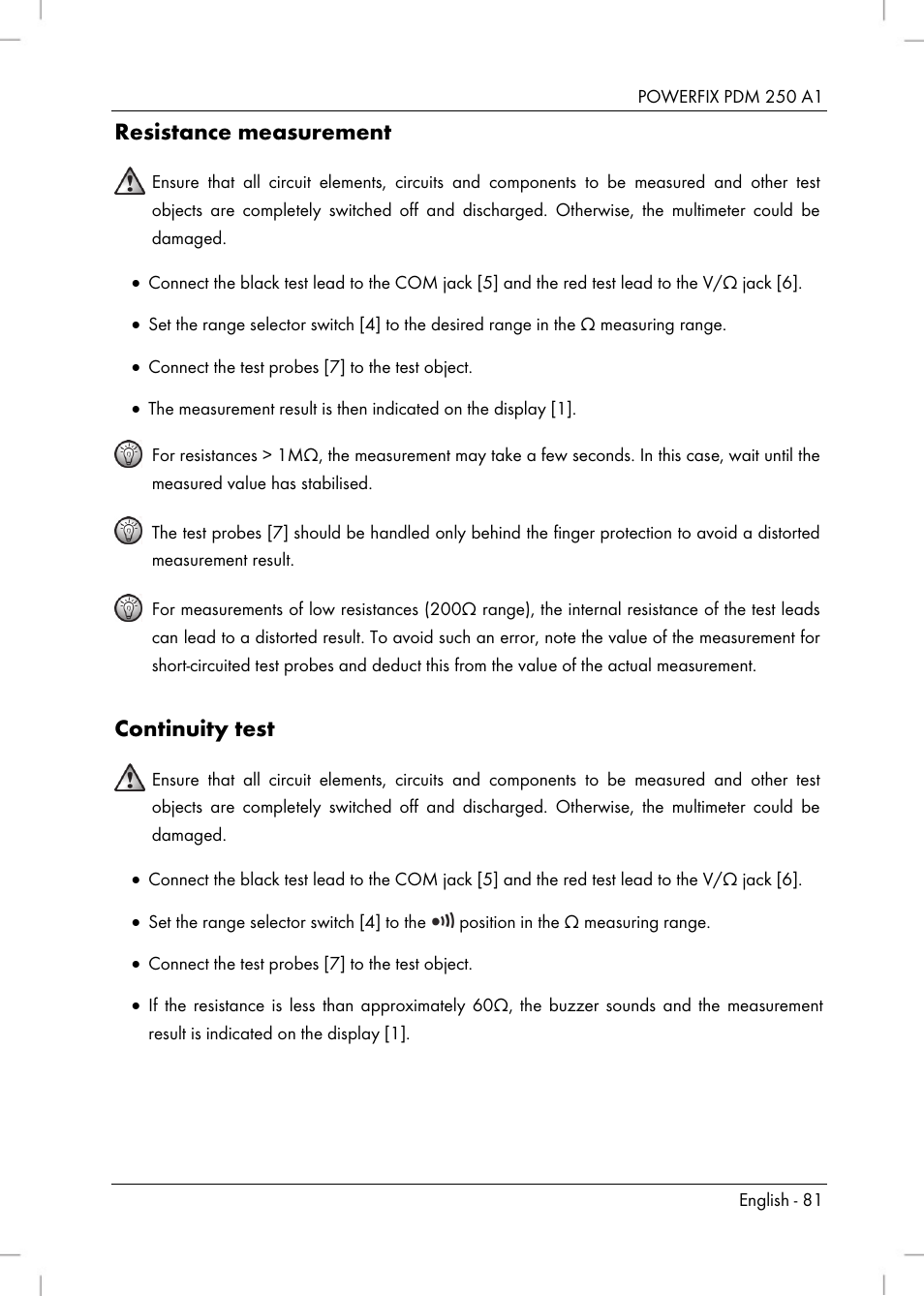 Resistance measurement, Continuity test | Powerfix PDM 250 A1 User Manual | Page 83 / 90