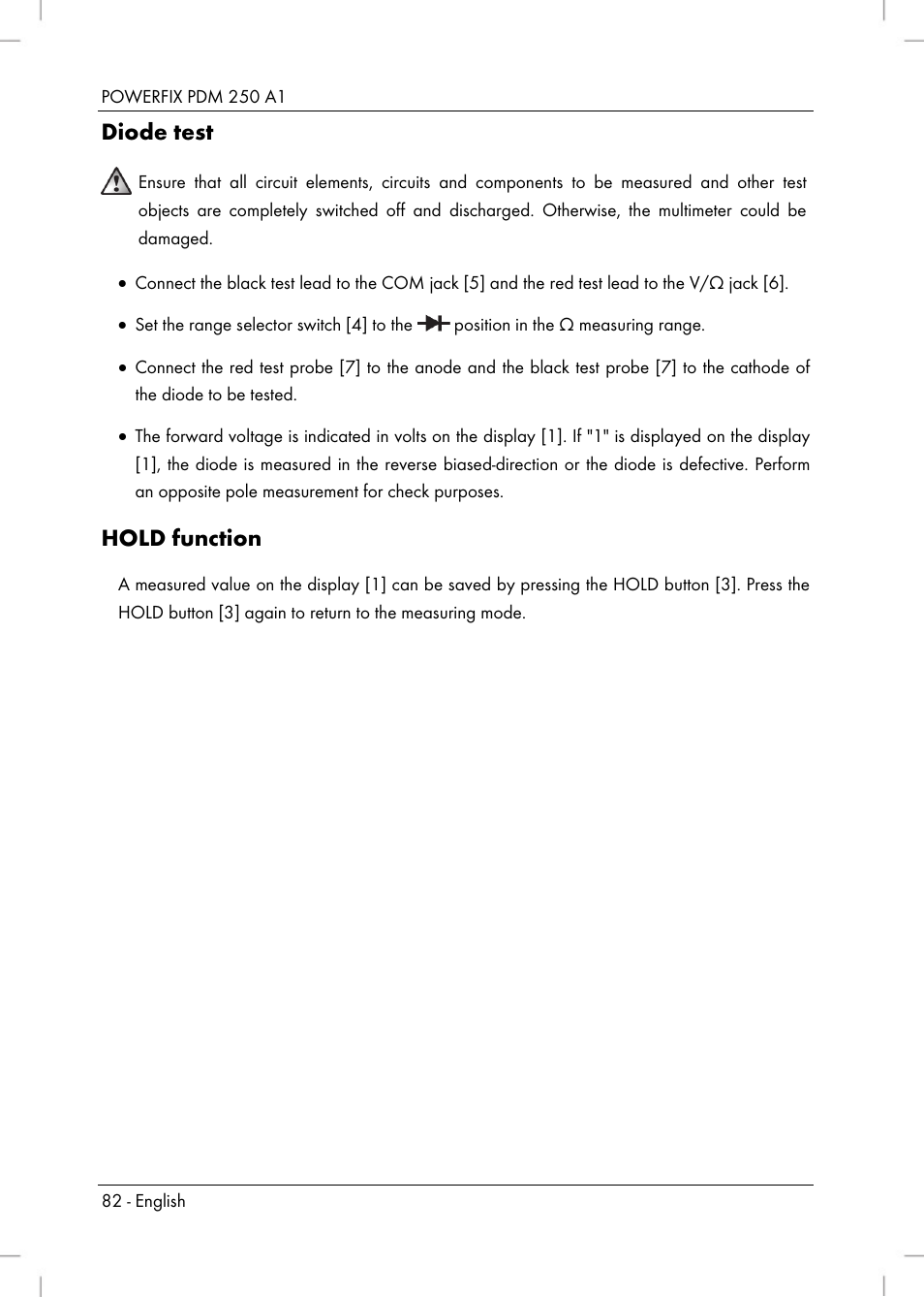 Diode test, Hold function | Powerfix PDM 250 A1 User Manual | Page 84 / 90
