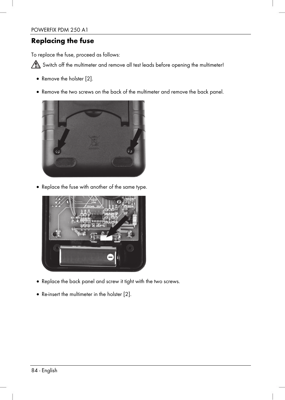 Replacing the fuse | Powerfix PDM 250 A1 User Manual | Page 86 / 90