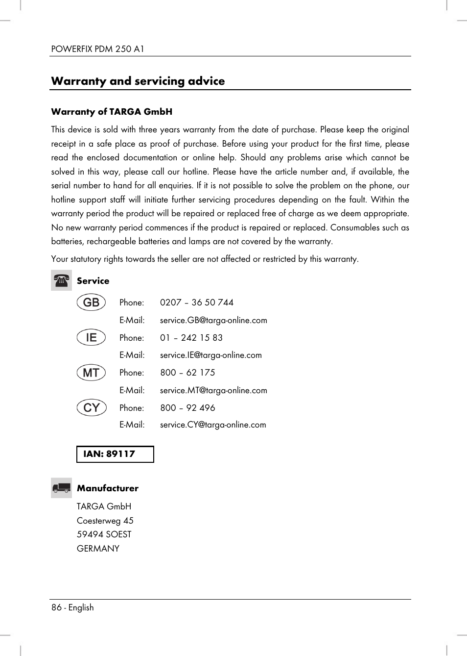 Warranty and servicing advice | Powerfix PDM 250 A1 User Manual | Page 88 / 90