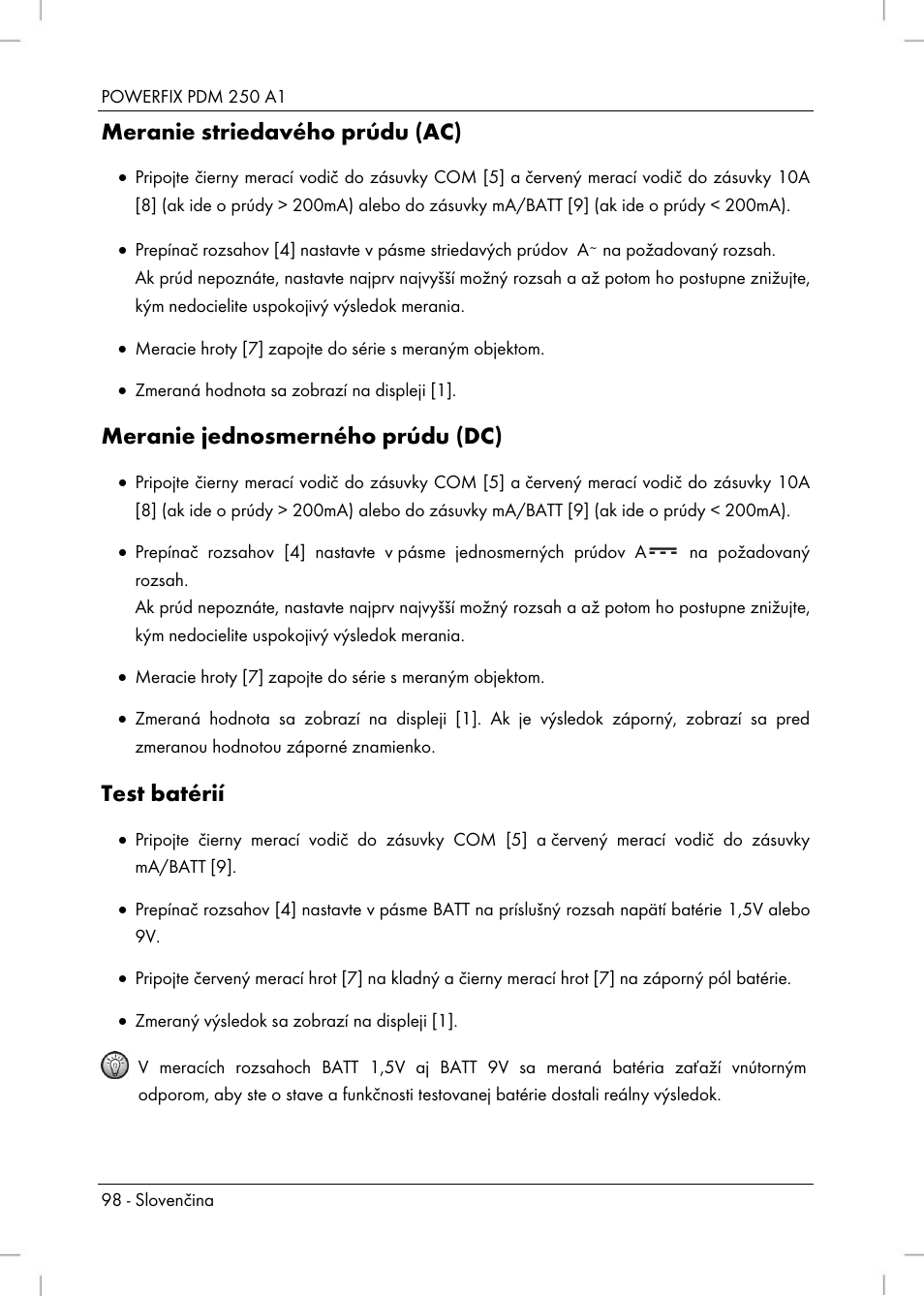 Meranie striedavého prúdu (ac), Meranie jednosmerného prúdu (dc), Test batérií | Powerfix PDM 250 A1 User Manual | Page 100 / 108