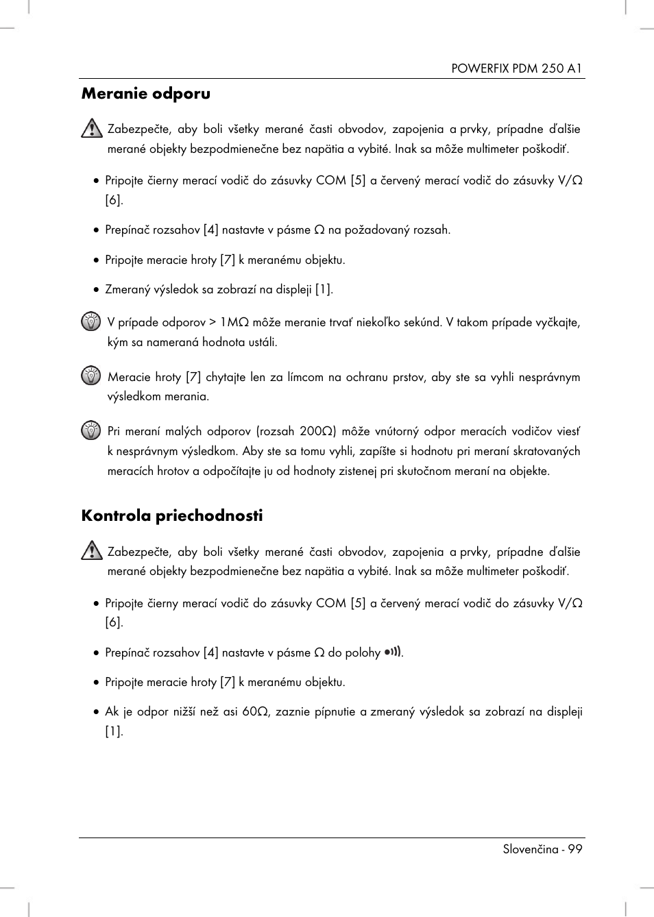 Meranie odporu, Kontrola priechodnosti | Powerfix PDM 250 A1 User Manual | Page 101 / 108