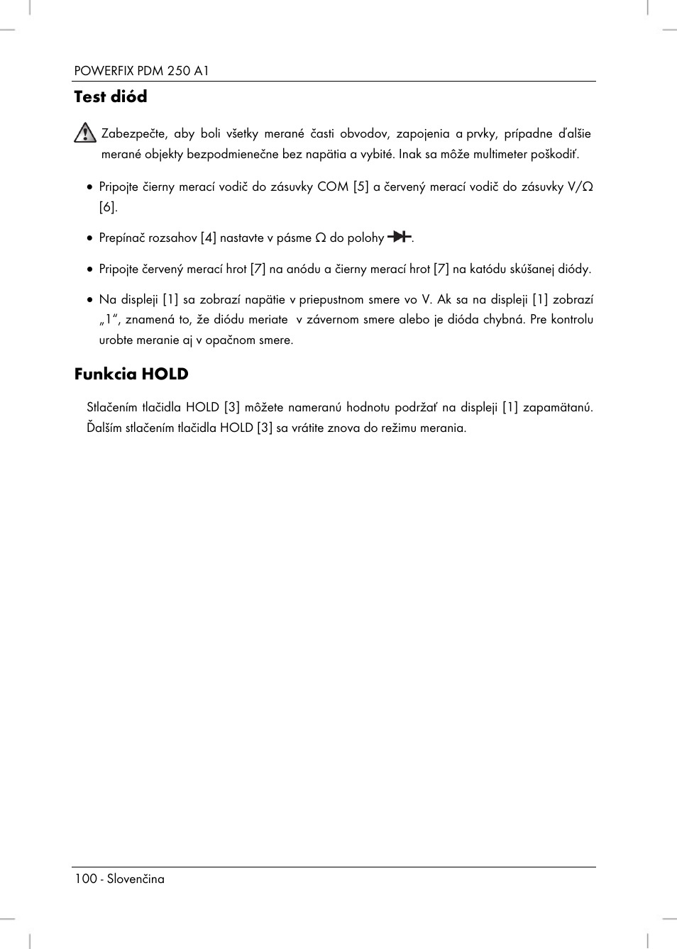 Test diód, Funkcia hold | Powerfix PDM 250 A1 User Manual | Page 102 / 108