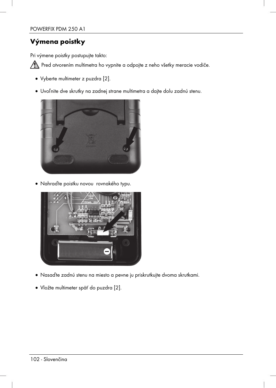 Výmena poistky | Powerfix PDM 250 A1 User Manual | Page 104 / 108