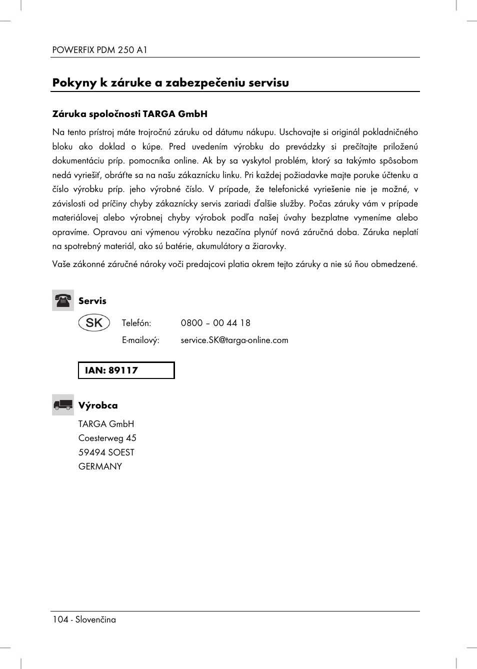 Pokyny k záruke a zabezpečeniu servisu | Powerfix PDM 250 A1 User Manual | Page 106 / 108