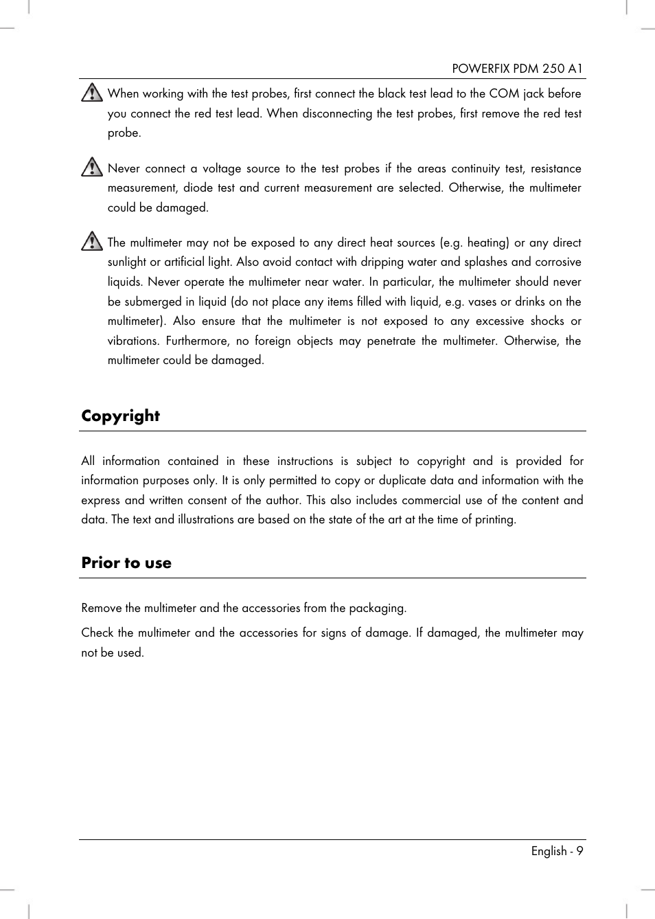 Copyright, Prior to use | Powerfix PDM 250 A1 User Manual | Page 11 / 108