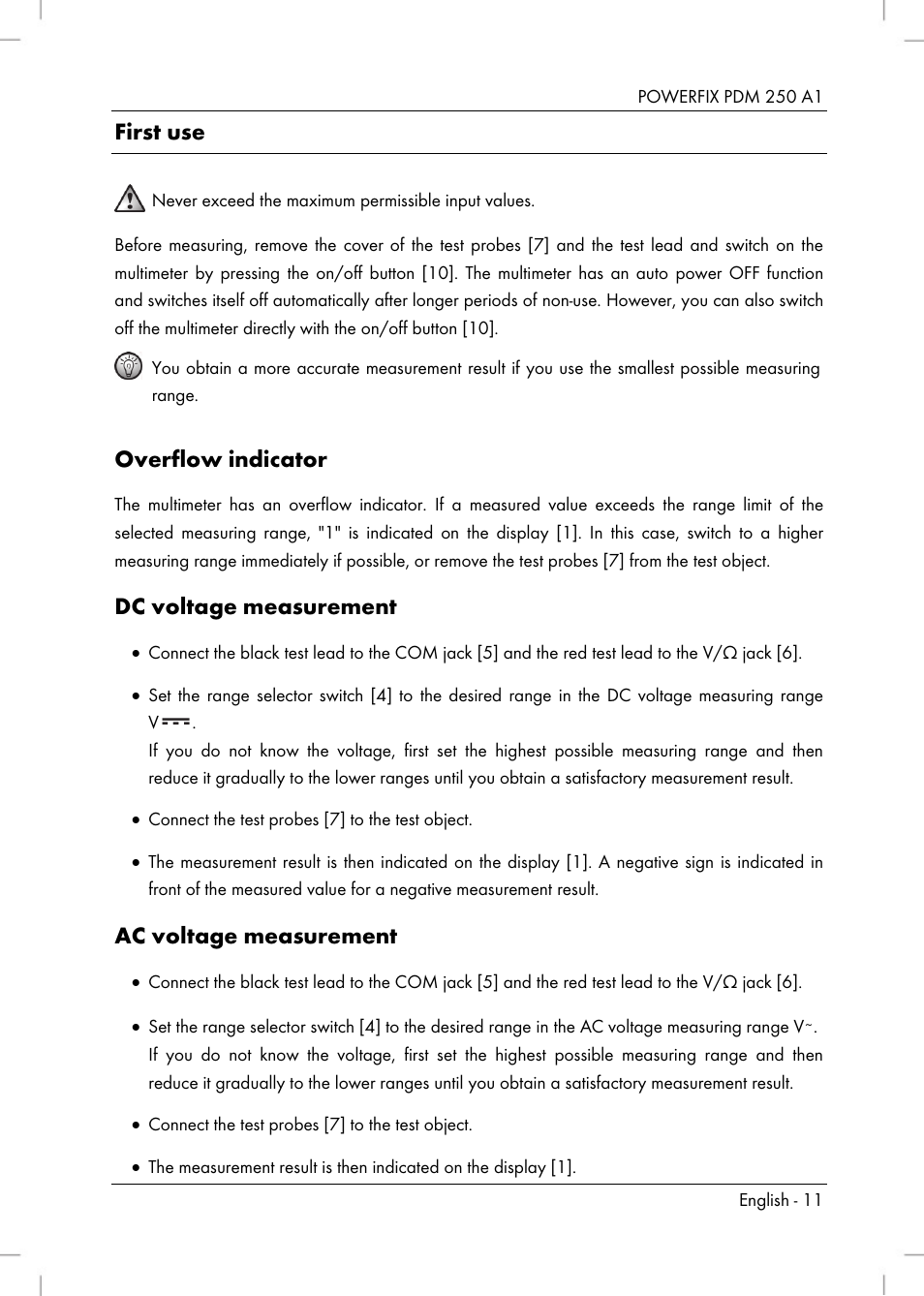 First use, Overflow indicator, Dc voltage measurement | Ac voltage measurement | Powerfix PDM 250 A1 User Manual | Page 13 / 108