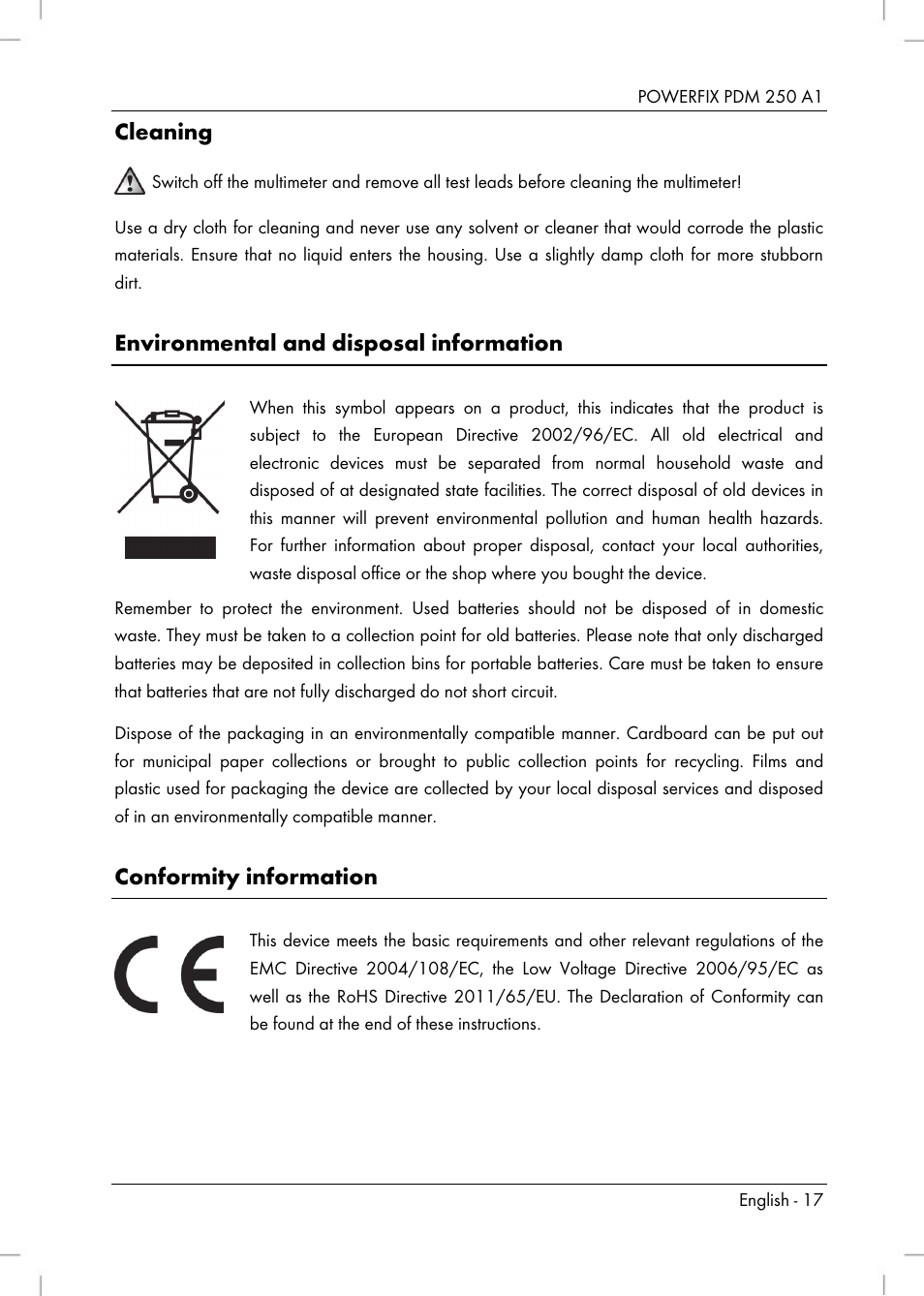 Cleaning, Environmental and disposal information, Conformity information | Powerfix PDM 250 A1 User Manual | Page 19 / 108