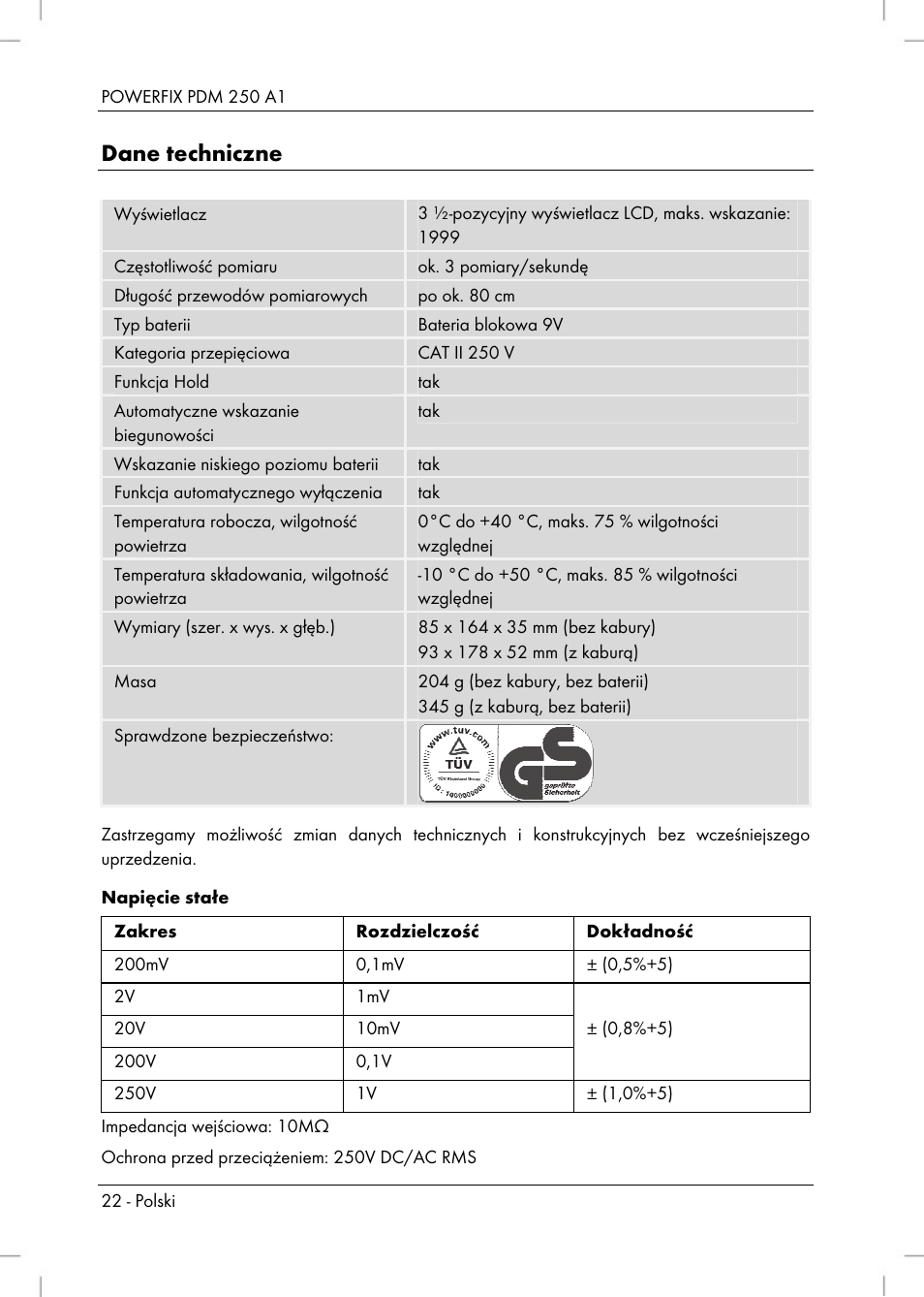Dane techniczne | Powerfix PDM 250 A1 User Manual | Page 24 / 108