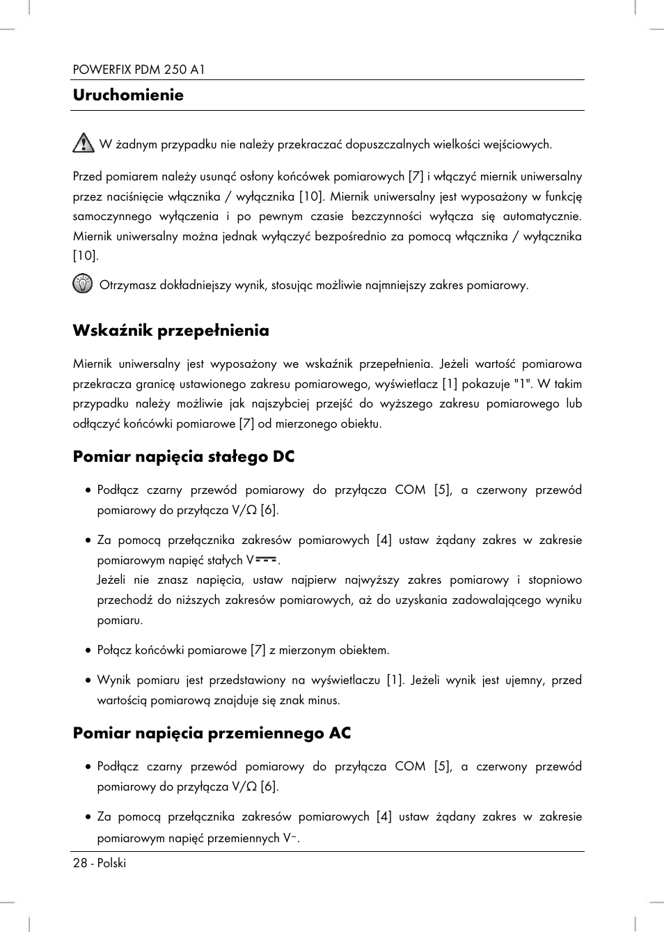 Uruchomienie, Wskaźnik przepełnienia, Pomiar napięcia stałego dc | Pomiar napięcia przemiennego ac | Powerfix PDM 250 A1 User Manual | Page 30 / 108