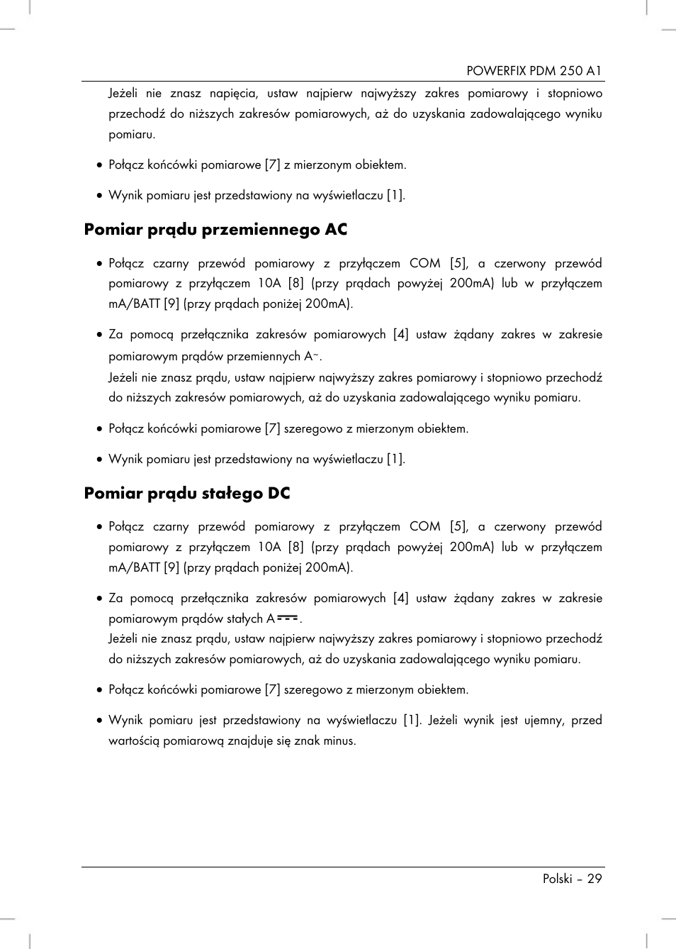 Pomiar prądu przemiennego ac, Pomiar prądu stałego dc | Powerfix PDM 250 A1 User Manual | Page 31 / 108