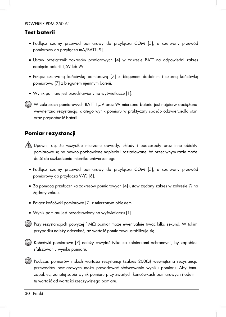 Test baterii, Pomiar rezystancji | Powerfix PDM 250 A1 User Manual | Page 32 / 108