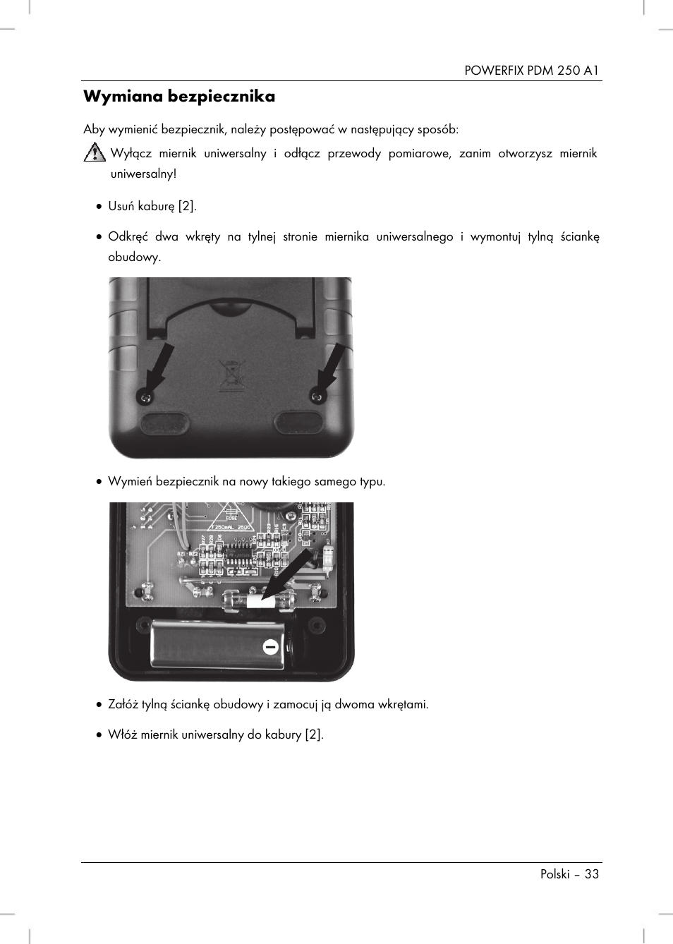 Wymiana bezpiecznika | Powerfix PDM 250 A1 User Manual | Page 35 / 108