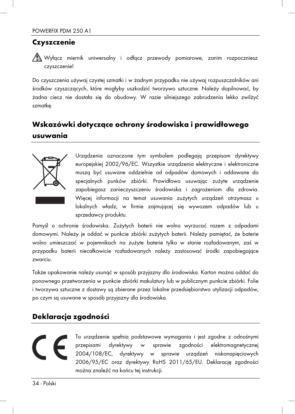 Czyszczenie, Deklaracja zgodności | Powerfix PDM 250 A1 User Manual | Page 36 / 108