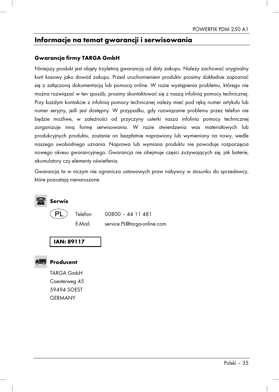 Informacje na temat gwarancji i serwisowania | Powerfix PDM 250 A1 User Manual | Page 37 / 108