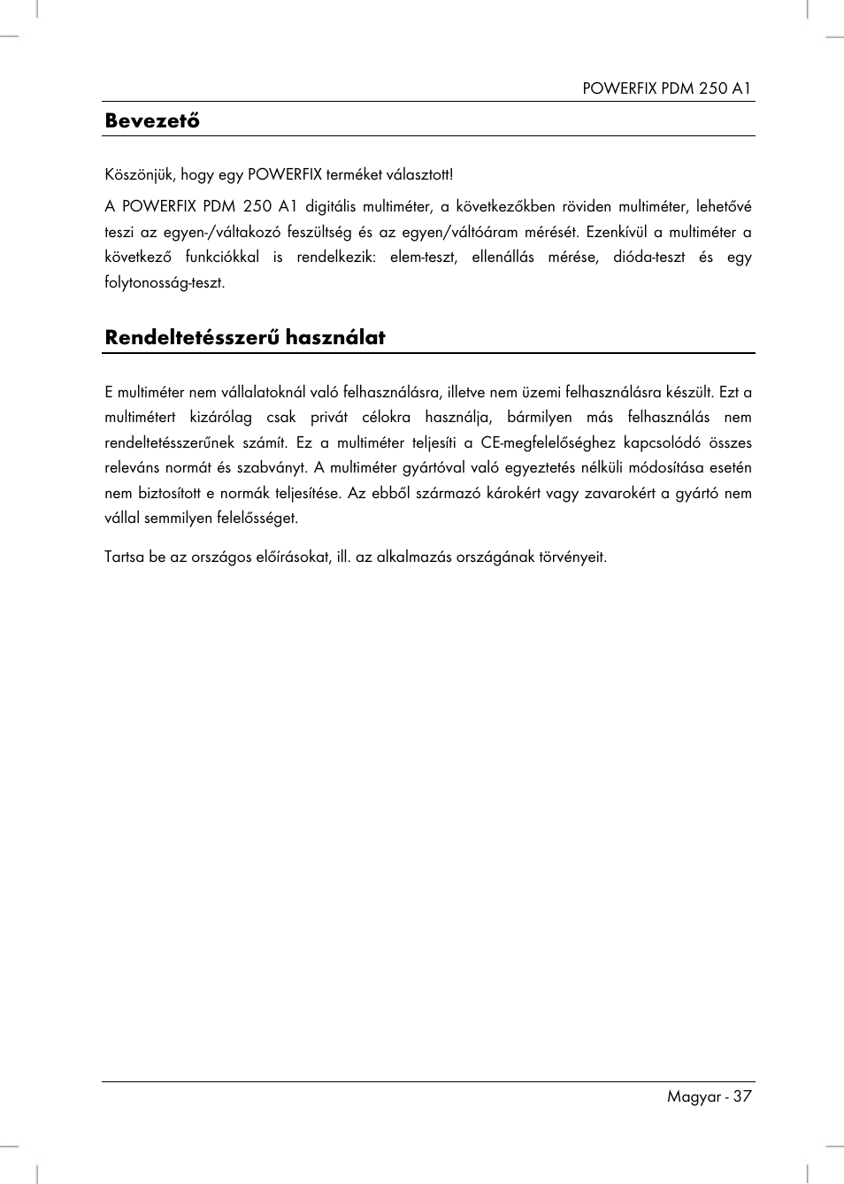 Bevezető, Rendeltetésszerű használat | Powerfix PDM 250 A1 User Manual | Page 39 / 108