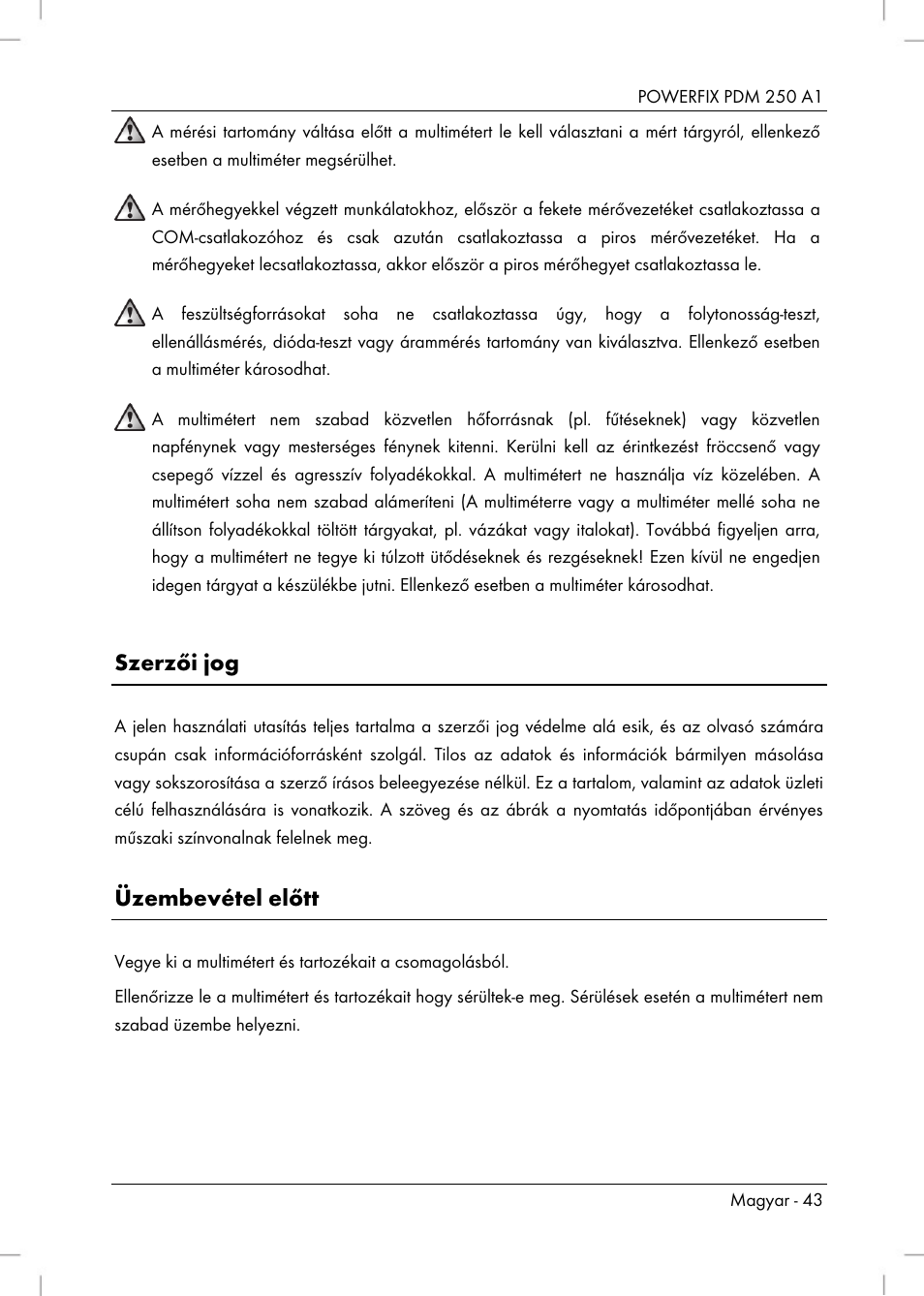 Szerzői jog, Üzembevétel előtt | Powerfix PDM 250 A1 User Manual | Page 45 / 108