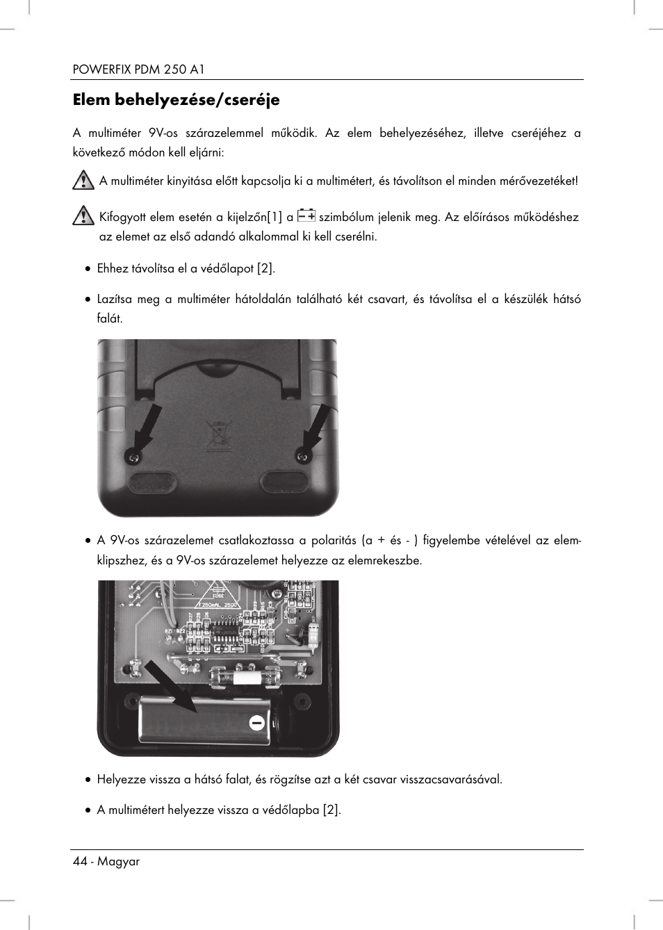 Elem behelyezése/cseréje | Powerfix PDM 250 A1 User Manual | Page 46 / 108