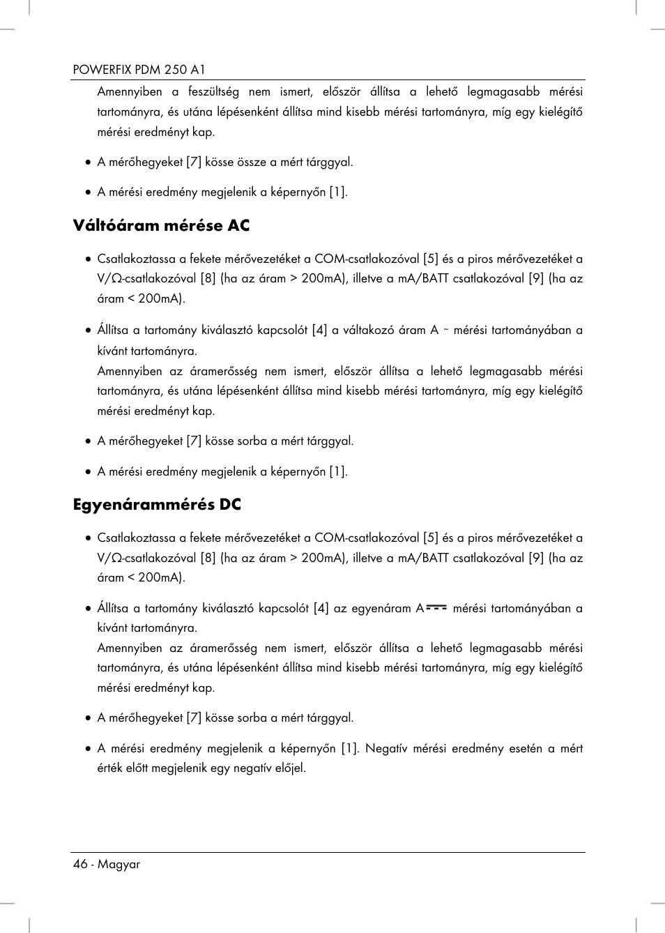 Váltóáram mérése ac, Egyenárammérés dc | Powerfix PDM 250 A1 User Manual | Page 48 / 108